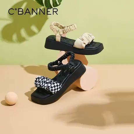 千百度女鞋夏季新款时尚棋盘格仙女厚底潮流舒适简约休闲凉鞋商品大图