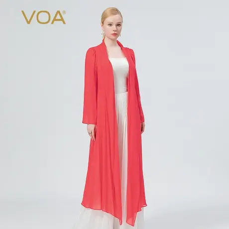 VOA真丝乔其红色长袖微透褶皱宽松透气空调衫外搭桑蚕丝外套商品大图
