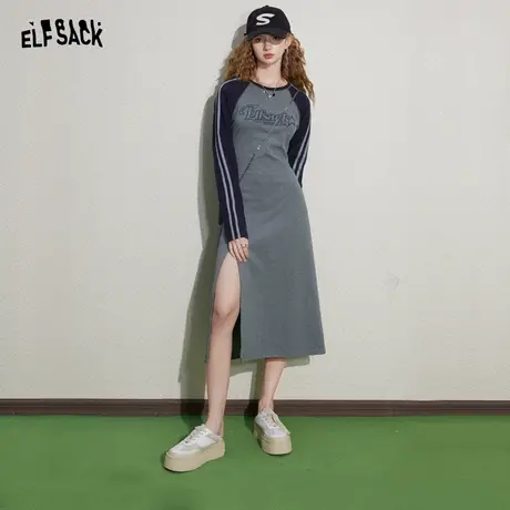 妖精的口袋开叉t恤连衣裙女2024早春新款长袖休闲显瘦修身长裙潮图片