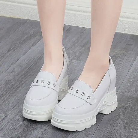 小皮鞋女英伦风内增高单鞋10cm高跟真皮松糕鞋厚底坡跟浅口乐福鞋图片