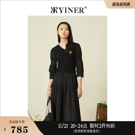 YINER音儿女装春季时尚细条纹拼接褶皱V领连衣裙图片
