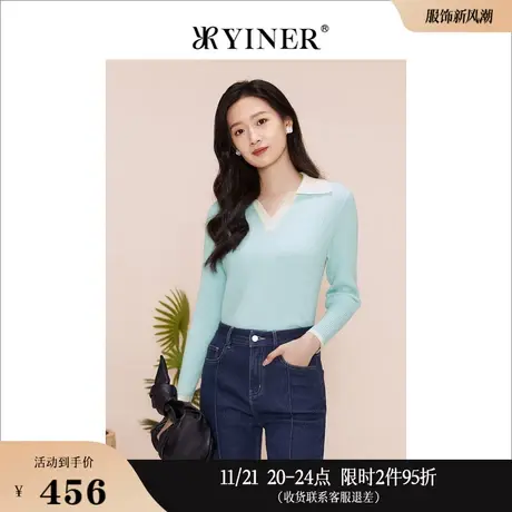 YINER音儿线上专选女装2023春季撞色海鸥领羊毛针织衫套头上衣商品大图