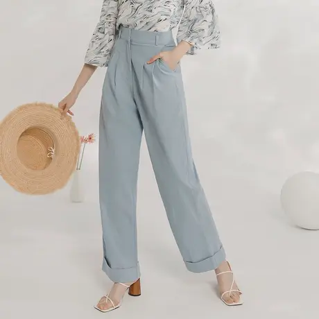 桔熊春秋季通勤舒适宽松长裤子女高腰打褶纯色直筒裤大码BA7111商品大图