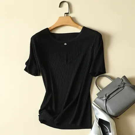 冰丝针织衫短袖t恤女2024夏季新款圆领修身显瘦薄款打底衫女上衣图片