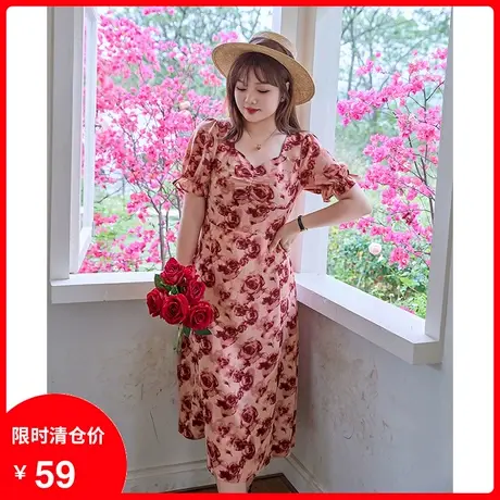 【清仓】夏装新款法式复古气质连衣裙显瘦大码胖MM短袖碎花雪纺裙商品大图