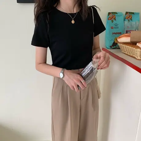 2021年新款夏装纯棉上衣修身短袖t恤女装韩版百搭夏季休闲体恤女商品大图