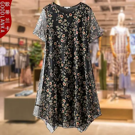 中老年妈妈夏季长裙女大码宽松遮肚显瘦时尚印花网纱短袖连衣裙子商品大图