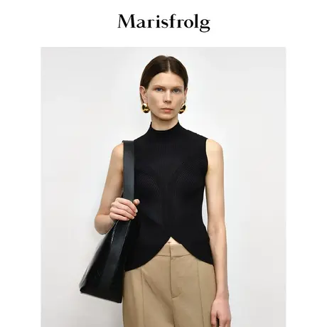【商场同款】玛丝菲尔2023年秋季新款肌理感黑色半高领背心针织衫商品大图