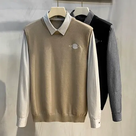 秋冬季假两件毛衣男士衬衫领韩版潮流商务休闲小刺绣男针织衫上衣图片