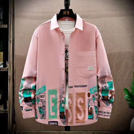 ins潮牌秋装长袖衬衫男个性印花帅气褂子学生纯棉休闲衬衣款外套商品大图