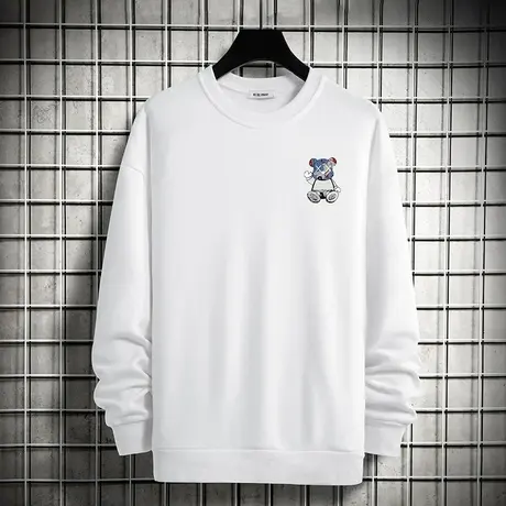 男士卫衣春秋款宽松潮流小熊套头无帽上衣服加绒白色圆领长袖t恤商品大图