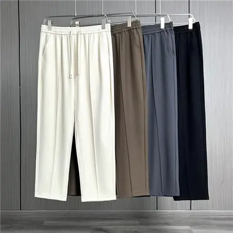 春夏垂感小直筒休闲裤男简约九分纯色裤子天丝免烫潮流系带西裤商品大图