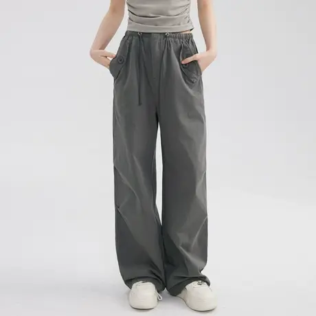 尔给美式复古高腰阔腿工装裤女2023新款夏季薄款高街小个子休闲裤商品大图