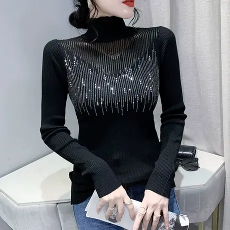 高领毛衣女秋冬性感网纱拼接针织衫长袖重工烫钻紧身打底上衣内搭图片