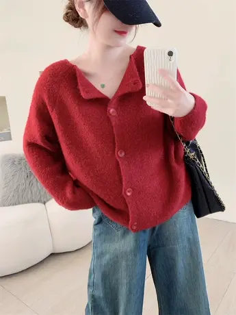 复古红纯色圆领毛衣开衫女2023秋季新款女装宽松显瘦针织外套上衣商品大图