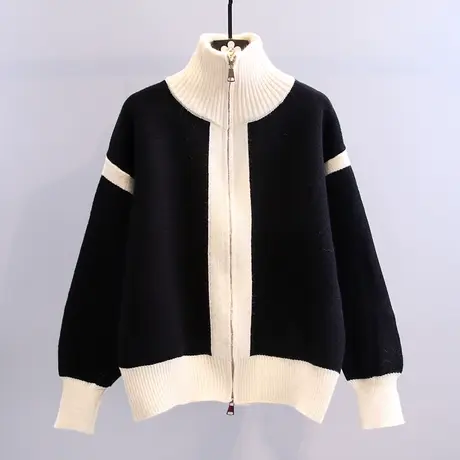 立领拉链设计感毛衣外套女冬季2023年新款宽松慵懒风撞色针织开衫图片
