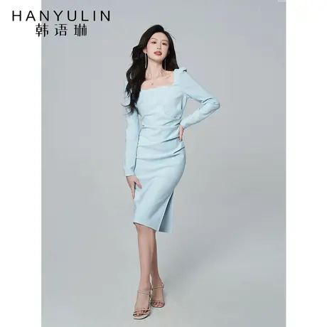 韩语琳法式连衣裙女春秋2023新款气质修身显瘦高级感长袖方领裙子图片