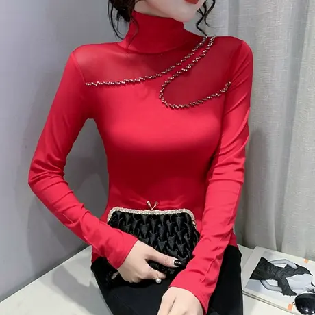 高领打底衫女春秋内搭洋气网纱拼接修身T恤长袖欧货性感镂空上衣商品大图