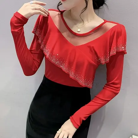 网纱拼接打底衫女春秋2024新款时尚荷叶边T恤长袖性感修身上衣潮图片