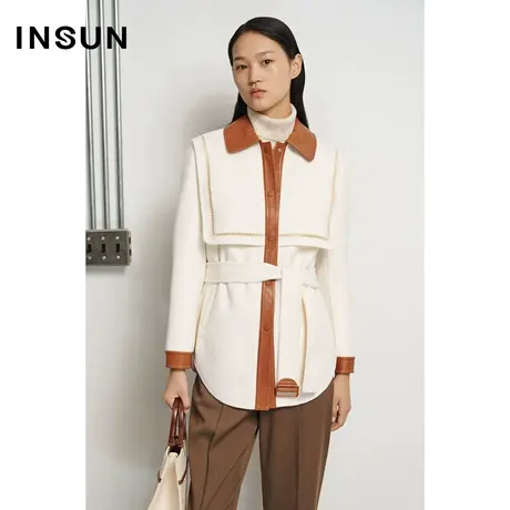 INSUN恩裳冬季撞色拼接束腰羊毛毛呢外套商品大图