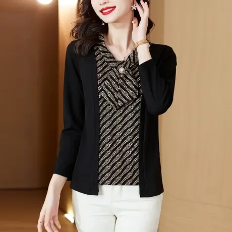 2023秋装新款假两件长袖打底衫女洋气宽松大码减龄妈妈时尚女衬衣商品大图