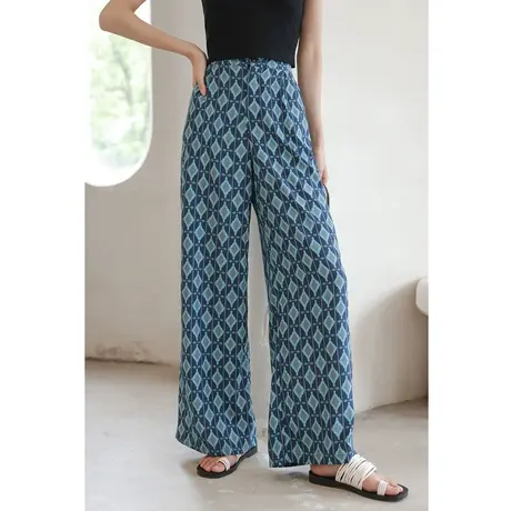弥古波西米亚阔腿裤女夏季薄款沙滩裤冰丝雪纺花裤子格子印花长裤商品大图