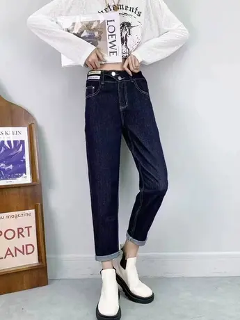 2023新款春秋季深蓝色牛仔裤女宽松百搭高腰小个子哈伦老爹裤子潮商品大图