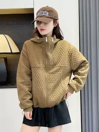 2023冬季菱形格文艺休闲立领连帽大口袋纯色宽松显瘦棉衣外套女图片