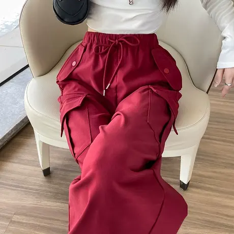 酒红色工装裤女春秋新款美式复古高街小个子高腰显瘦休闲阔腿长裤商品大图