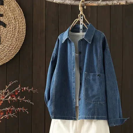 枫谜2023春季新款文艺复古休闲大口袋长袖牛仔短外套全棉牛仔上衣商品大图