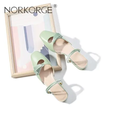 原创新款手工复古仙女风浅绿色包头凉拖女真皮方头粗跟蝴蝶结凉鞋商品大图