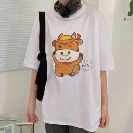 美式复古纯棉短袖t恤女2022新款半袖宽松韩版bf慵懒风上衣服ins潮图片