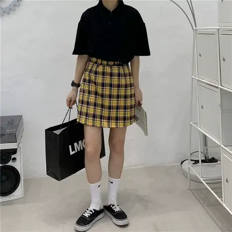 2020新款韩版复古格子港味ins潮显瘦百搭短裙A字裙原宿风ulzzang图片