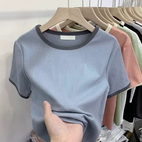 设计感小众短款T恤女夏装短袖打底衫ins潮修身显瘦学生学院风上衣商品大图