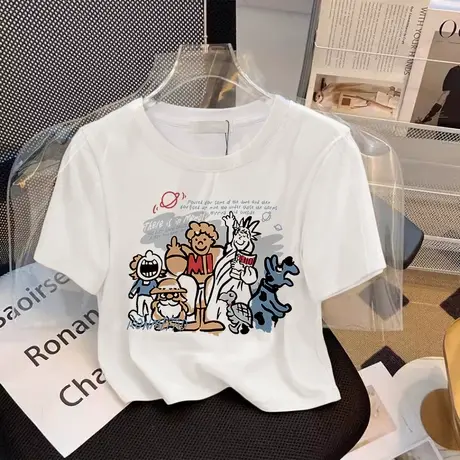 正肩t恤女夏季短款2023新款白色韩系慵懒风短袖潮ins甜辣穿搭上衣商品大图