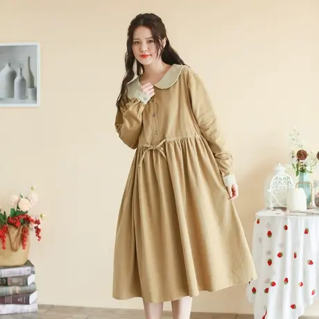 【买一送一】秋复古灯芯绒长袖连衣裙大码娃娃领减龄撞色长裙商品大图