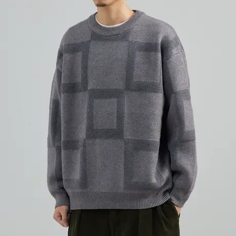 奕飏加厚格子毛衣男韩版潮流个性秋冬季圆领针织衫男士2022年新款商品大图