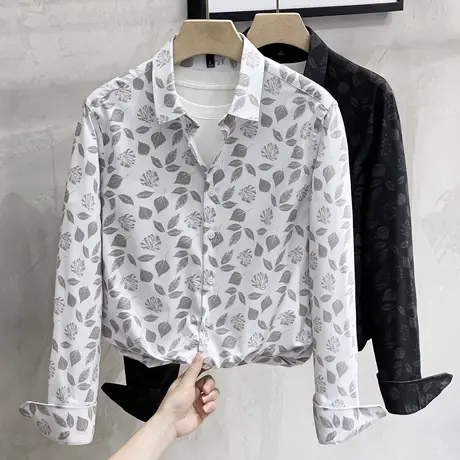 冰丝花衬衫男长袖春秋薄款修身潮流夏威夷休闲衬衣男士春秋装上衣商品大图