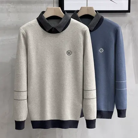 男士假两件套针织衫保暖上衣仿羊绒衫衬衫领毛衣男秋冬2023新款潮商品大图