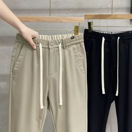 直筒休闲裤男士秋季新款铜氨丝男裤子秋冬款商务抗皱松紧腰工装裤商品大图