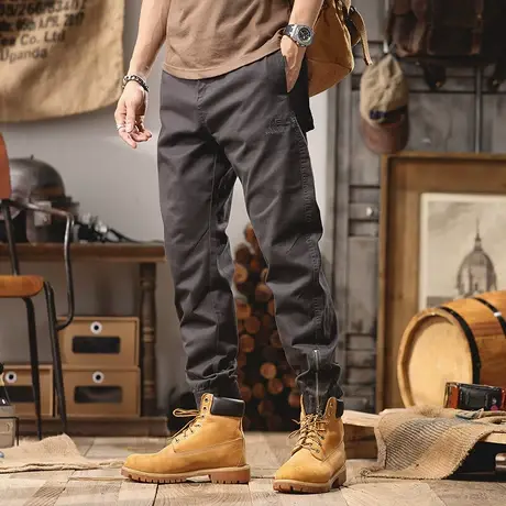 夏季薄款男款工装裤休闲裤子男款复古束脚裤大码直筒男款纯色长裤商品大图