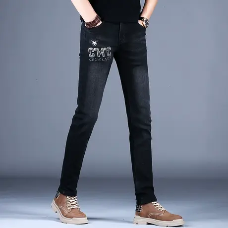 奢侈品牌灰黑色牛仔裤男款百搭修身小脚2023新款烫钻裤子弹力百搭商品大图