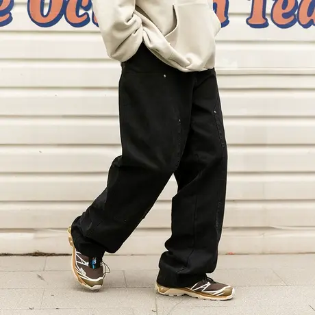 男士黑色高街裤子男潮流百搭2023年新款美式工装裤休闲裤直筒垂感商品大图