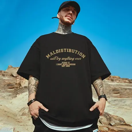 oversize高街简约字母大码男装纯棉宽松短袖T恤胖子五分薄款半袖商品大图