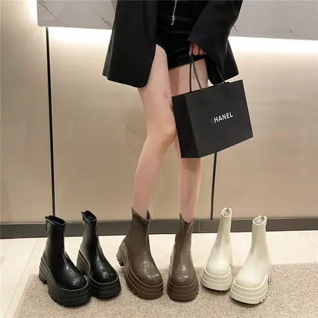 弹力韩版短靴子女鞋子2024秋季新款松糕厚底套筒大头瘦瘦靴马丁靴商品大图