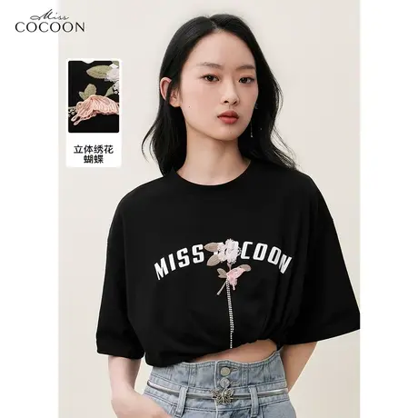missCOCOON时尚上衣2023夏新女立体绣花蝴蝶图案宽松舒适纯棉T恤商品大图