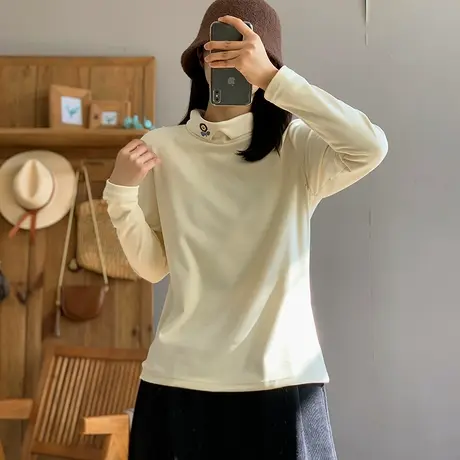 dza 复古双面德绒翻领打底衫女秋冬内搭T恤宽松显瘦休闲短款上衣商品大图