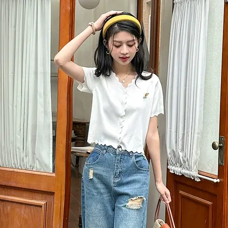 唐狮夏季开衫女薄款奶系穿搭上衣花边毛织开衫夏季短袖小衫商品大图