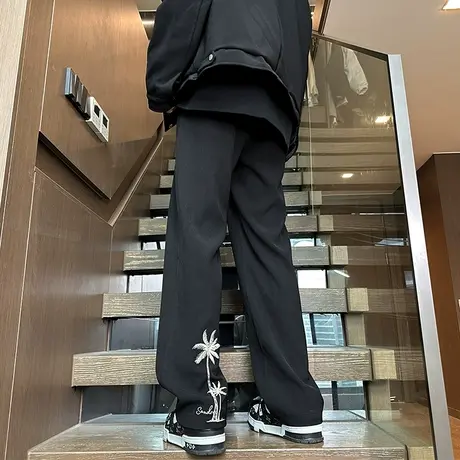 裤子男2024春季新款休闲宽松直筒西裤ins刺绣设计潮流运动长裤子图片