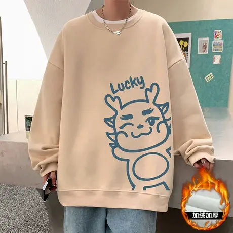 卫衣男春秋季2024新款圆领宽松卡通印花加绒套头内搭打底衫潮ins商品大图